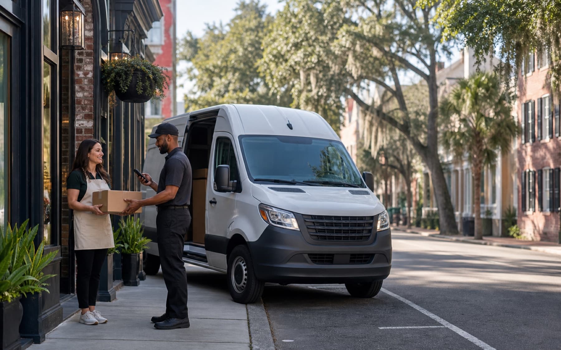 A Savannah delivery driver completing a stop at a neighborhood business