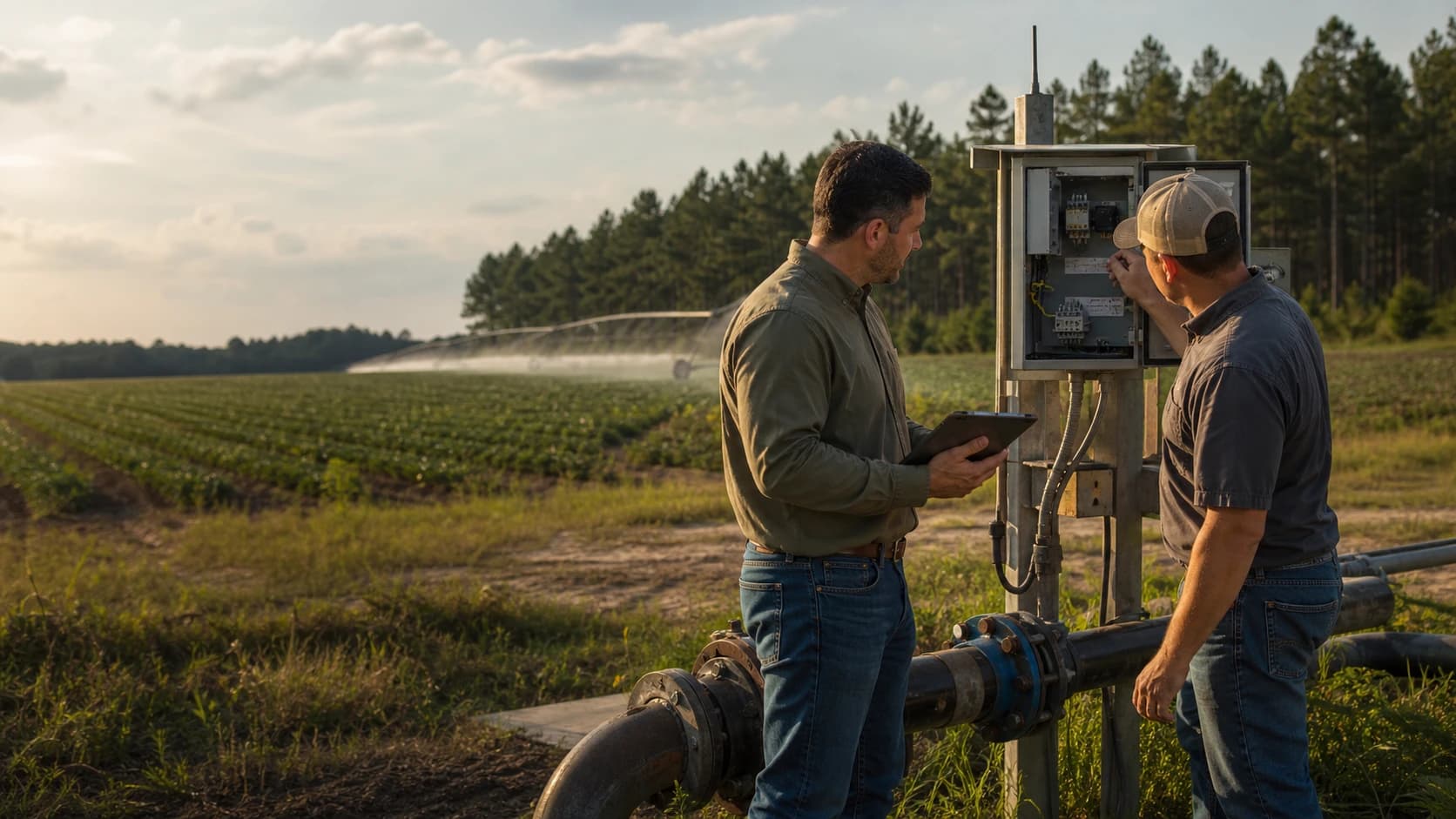 An Albany agribusiness manager and field technician inspecting irrigation controls together