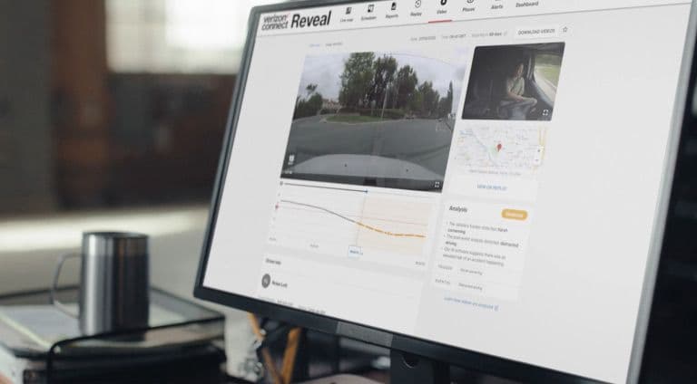 Official Verizon Connect video event review screen with road and in-cab context